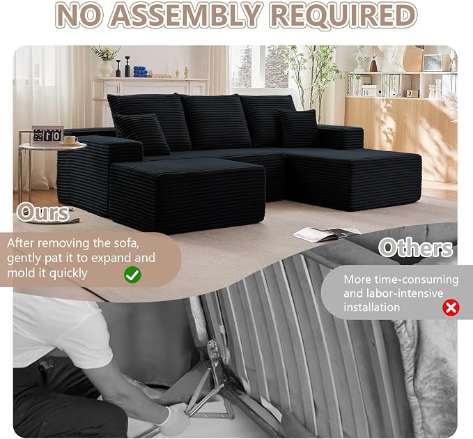 107" Comfy U-Shaped Sectional Modern Boneless Corduroy Couch with Chaise - No Assembly Required! Deep-Seat, Upholstered Modular Cloud Sofa for Living Room, Plush Corduroy Fabric(Black)