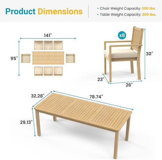 FansaFurn 9 Pieces Acacia Outdoor Patio Table and Chairs Set for All-Weather, Outside Furniture with Table Umbrella Hole and Removable Cushion for 8, Outdoor Patio Furniture Set for Garden, Beige