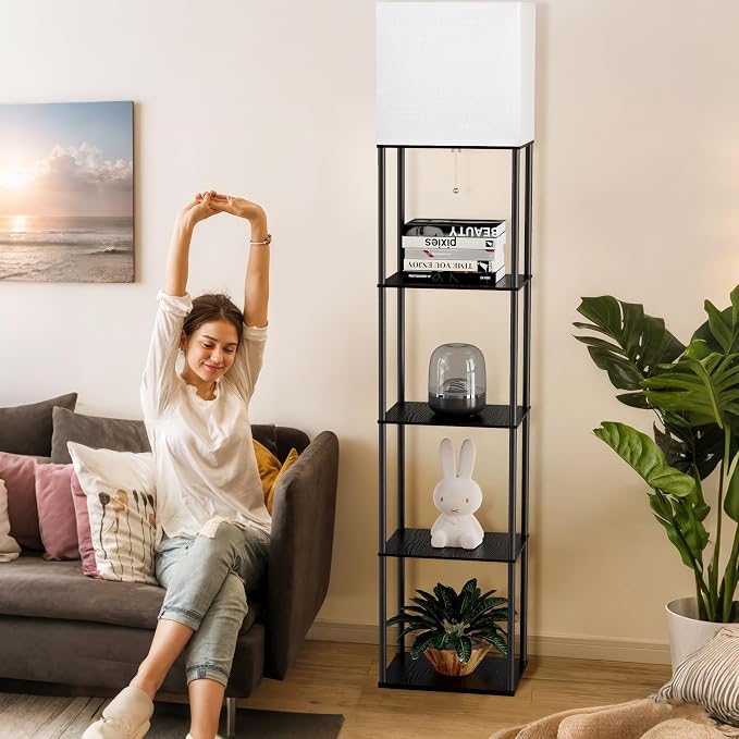 Large Floor Lamp with Shelves, 5-Tier Tall Floor lamp with for Living Room, Shelf Floor Lamp with 3 CCT LED Bulb, Corner Display Standing Column Lamp, Etagere Organizer Tower Nightstand for Bedroom