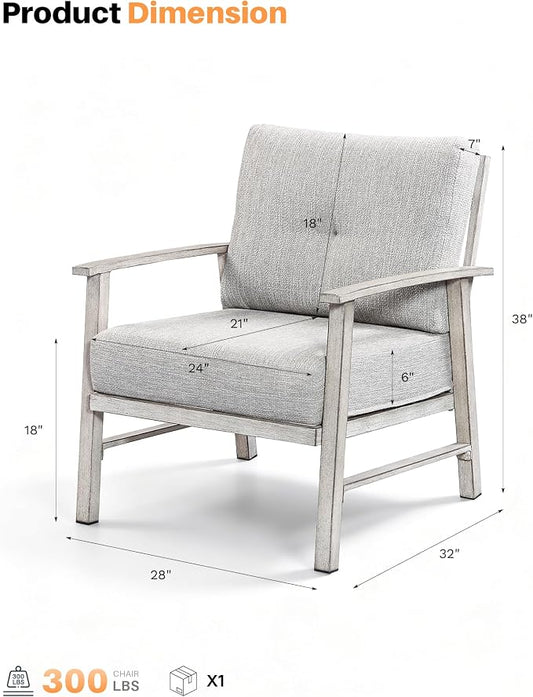 Outdoor Patio Chairs Set of 2, Outdoor Aluminum Armchair Conversation Set with Thick Cushions, 2 Pieces All Weather Patio Furniture Sofa Chairs Set for Garden, Poolside, Lawn, White Oak