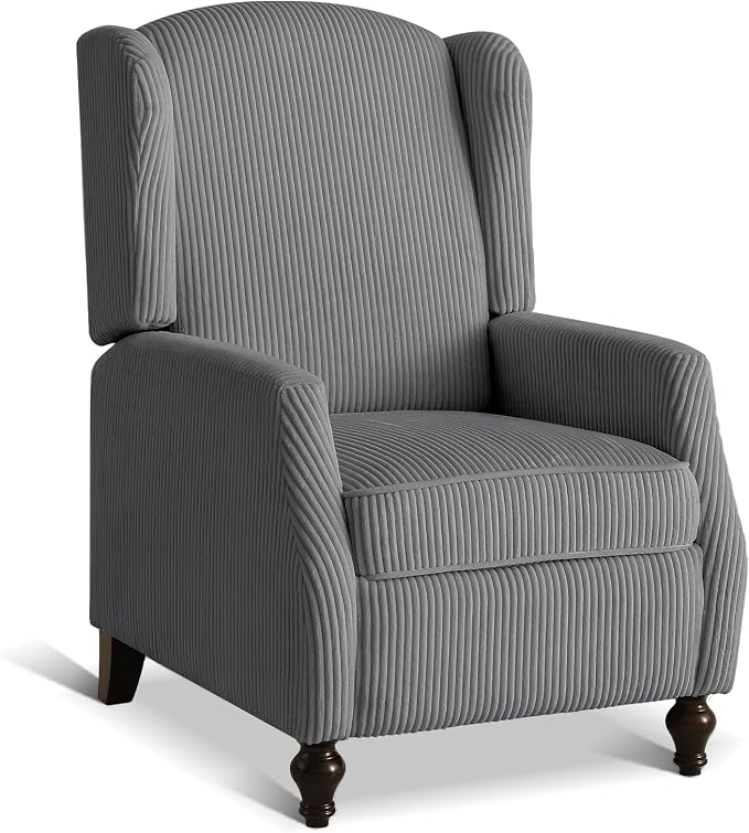 Upholstered Wingback Recliner Chair, Cozy Corduroy Manual Push Back Recliner for Living Room, Bedroom (1, Gray)