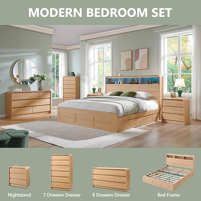 Aitjunz Modern 8 Drawers Dresser for Bedroom, 55" Wide Dressers & Chest of Drawers w/Curved Profile Design, Wood Mid Century Storage Dressers Organizer for Bedroom, Living Room, Natural Oak