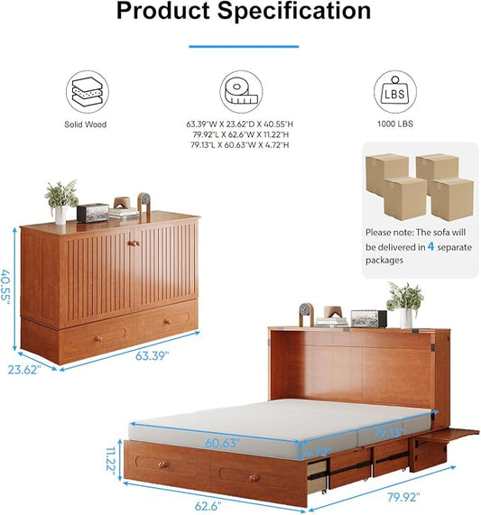 PUREMIND Queen Murphy Bed with Mattress Included, Folding Convertible Bed, Hideaway Cabinet Bed with Storage Drawer & USB Charging Station, Space Saving Wallbed for Small Spaces, Cherry