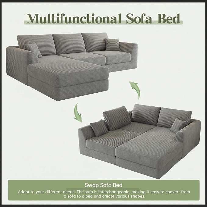 106" Modular Sectional Sofa with Deep Seat, L-Shaped Corduroy Couch with Reversible Chaise, 3-Piece Set for Living Room Bedroom Apartment, No Assembly Required | Modular Design