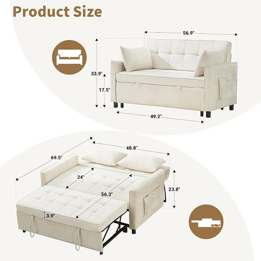Tbfit 57" Convertible Sofa Bed, Chenille Futon Sleeper Sofa Couch with Pullout Bed, USB & Adjustable Backrest, Full Size Pull Out Loveseat Couches for Living Room, Apartment, Office, Dorm, Beige