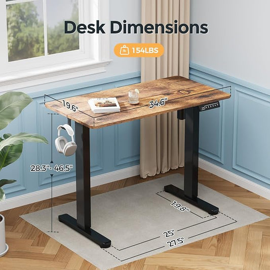 Small Electric Standing Desk, 35" ×20" Standing Table, Height Adjustable Compact Sit Stand Workstation with Splice Board, Home Office Desk with 2 Hooks, Rustic Brown