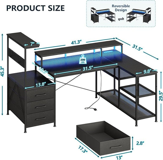 YOMILUVE L Shaped Gaming Desk with Drawers & Storage Shelves, Corner Gaming Desk with Power Outlets & LED Light, Reversible Computer Desk with Monitor Stand & Hooks, Carbon Fiber Black