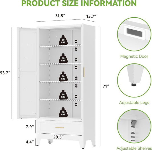 71"Tall Metal Storage Cabinet with Drawer and 4 Adjustable Shelves,Farmhouse Kitchen Pantry Storage Cabinet with Doors, Freestanding White Locker Cabinets for Office,Dining Room,Bathroom(White)