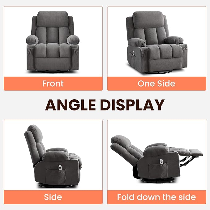 MAHOMICO Swivel Rocker Recliner Chair with Vibration Massage and Heat for Living Room,with Rocking Function and Side Pocket, USB Charge Port,2 Cup Holders