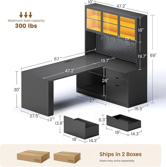 SEDETA L Shaped Computer Desk, L Shaped Corner Gaming Desk with 3 Wood Drawer and Large Bookshelf, Home Office Desk with LED Light, Display Cabinet and Pegboard, 27.5" W Large Desktop Table, Black