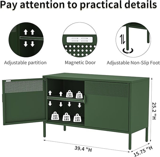Metal Storage Locker Cabinet with 2 Doors & Adjustable Shelves, 25" Green Accent Furniture, Multipurpose Office Dresser or TV Stand for Home Entryway (Green, 25H)
