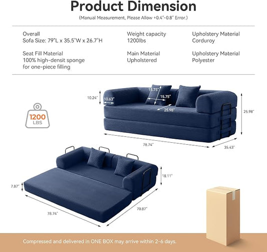 Convertible Sofa Bed with Corduroy Pillow,Comfy Floor Sofa Bed Compressed Sofa in Box, Convertible Sofa Bed for Living Room Bedroom Lounge Studio, Comfy High Density Foam Mattress(Navy Blue)