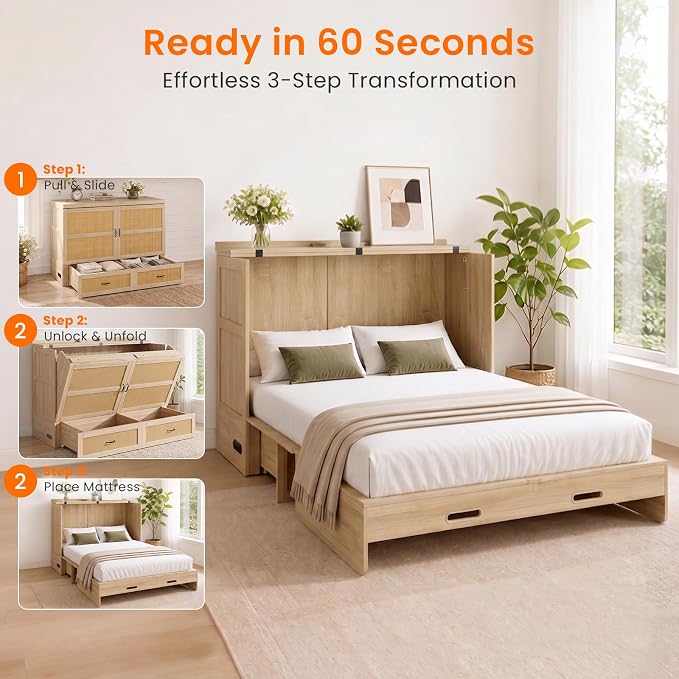 CECER Queen Murphy Bed with Mattress for Guest/Small Space-Natural Wood | Built-in Multi-Port Charging Station & Large Storage Drawer,Space Saving & Easy Assemble and Conversion