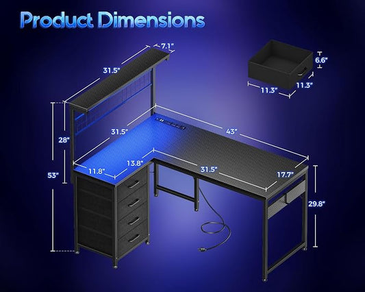 MOTPK 43” L Shaped Gaming Desk for Small Rooms, Compact Corner Computer Table with Shelf & Hutch, 4 Drawers, Reversible Study Desk with LED Light, Power Outlets & USB Ports, Black Carbon Fiber