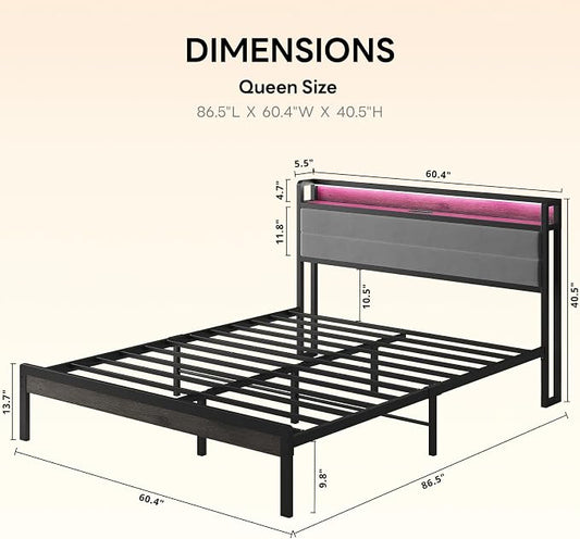 LIKIMIO Queen Bed Frame with Storage Headboard and LED Lights, Metal Platform Bed with Charging Station, Noise Free, No Box Spring Needed, Under Bed Storage, Charcoal Gray