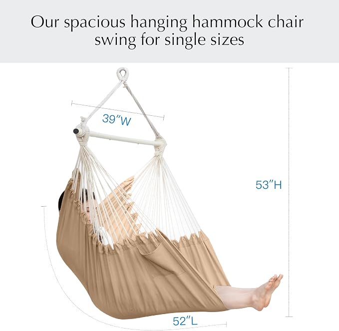 PNAEUT Hammock Chair Hanging Rope Swing for Outside Indoor for Bedroom, Outdoor, Patio (Tan)