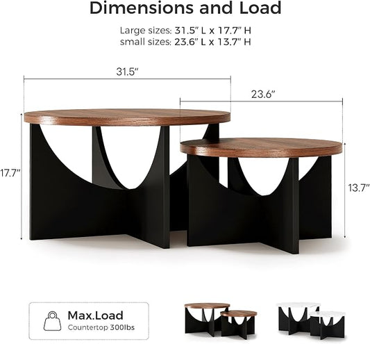 LIKIMIO Nesting Coffee Tables Set of 2, 31.5" Round Side Tables for Living Room, Wooden End Table, Walnut
