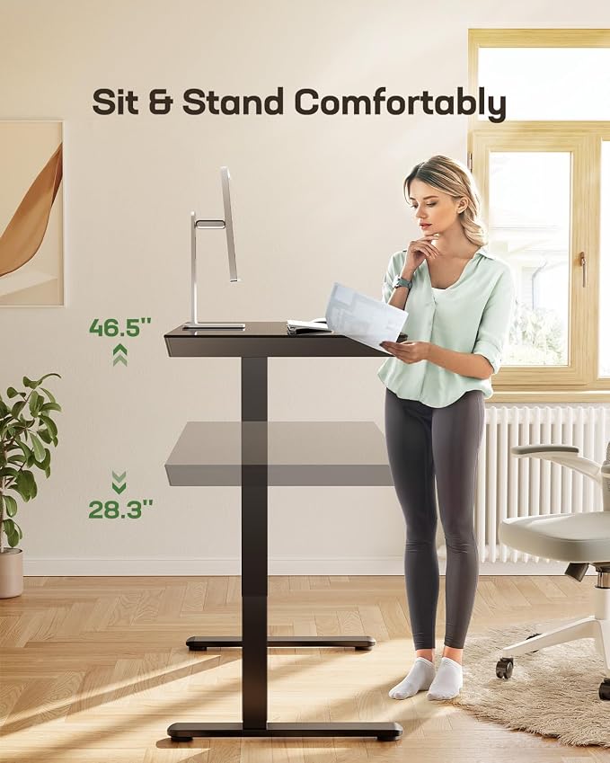 Marsail Glass Standing Desk with Drawer,55 x 28 inch Electric Standing Desk, Sit Stand Desk with One-Piece Tabletop & USB Charging Ports, Height Adjustable Desk with Storage for Home & Office Black