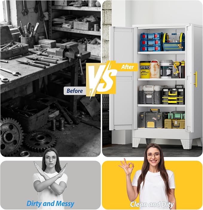 PAOFIN Metal Storage Cabinet with 2 Doors and 3 Adjustable Shelves, Metal Garage Storage Cabinets, File Cabinet,Steel Tool Cabinets for Home,Office,Garage,School,Warehouse (White)