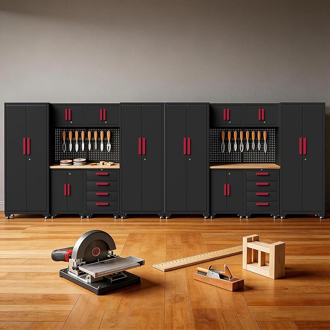 Garage Storage Cabinet System, 16PCS Garage Cabinets and Storage System Workshop Set with Red Cabinet, Cabinet Drawers, Workbench, Pegboard for Tool Organization,Red Handle