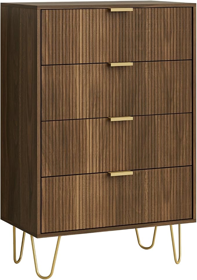 Masupu 4 Drawer Dresser, Drawer Chest, Tall Storage Dresser Chest Cabinet Organizer Unit with Gold Metal Legs, Nightstand for Bedroom, Living Room, Closet, Hallway Walnut Stripe