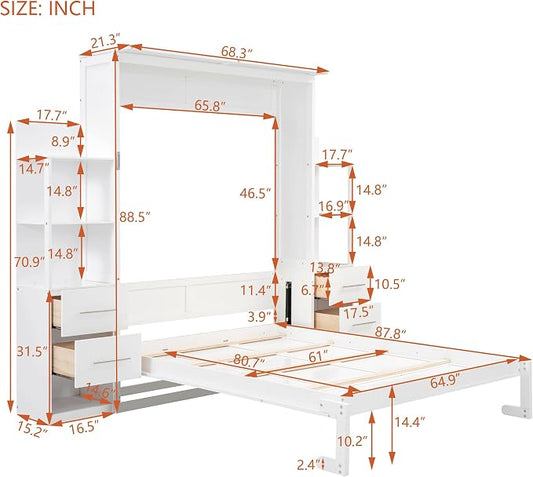 Queen Murphy Bed Cabinet, Space Saving Wall Bed with Storage and Lights | Flexible slats support an 8-inch mattress, while 2 four-layer shelves and 4 drawers help keep essentials organized