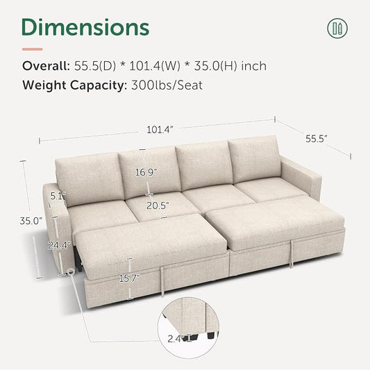 HONBAY Modular Sectional Sleeper Sofa Bed, with Pull Out Bed, Linen Convertible Sectional Couches for Living Room - Beige