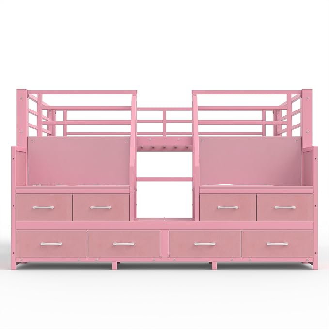 Bellemave Low Loft Bed Twin Size with Storage Shelves & Fabric Drawers, Metal Twin Loft Bed for Kids with LED Lights & Under-Bed Play Area, Low Loft Bed Frame for Bedroom, No Box Spring Needed, Pink