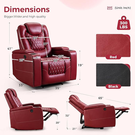 ANJ Power Recliner Chair with USB Ports and Cup Holders - Overstuffed Electric Home Theater Seating PU Leather Reclining Furniture with Hidden Arm Storage, Easy to Clean (Set of 2, Red)