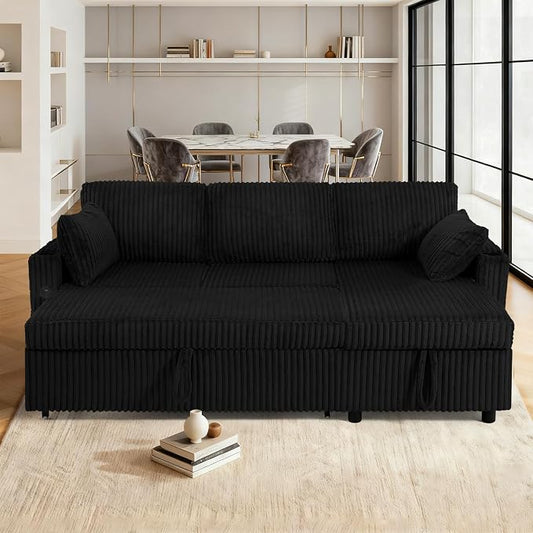84" Corduroy Upholstered Sofa Bed w/Adjustable Backrests, Convertible Pull Out Sofa Bed w/USB Ports, L-Shape Sectional Sleeper Couch w/Cup Holder for Living Room,Apartment, Black