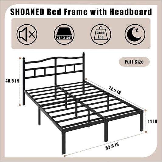 SHOANED 14 Inch Metal Bed Frame - Full Size Heavy Duty Bedframe with Headboard Black Basic Steel Slats Platform No Box Spring Needed/Easy Assembly/Noise Free