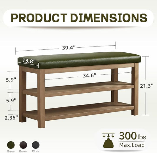 Zihanhome Shoe Rack Bench with Leather Cushion, 2 Tier Solid Wood Storage Bench, Mid-Century Modern Shoe Bench for Entryway, Hallway, Closet, Front Door Entrance, Foyer (Green, 39.4")