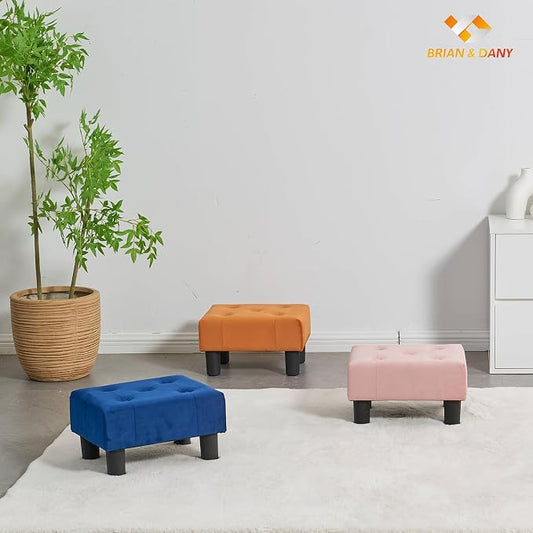 BRIAN & DANY Small Foot Stool, Velvet Foot Stools with Legs, Stable Small Footstool for Living Room, Blue