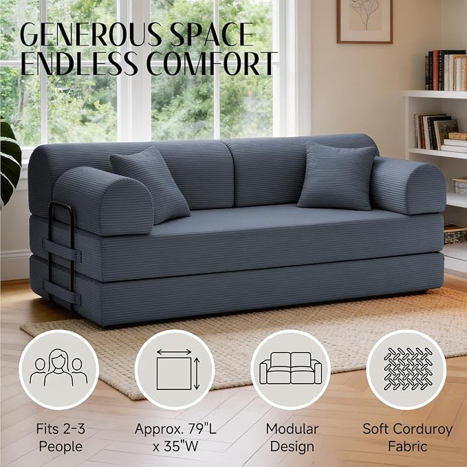 79'' Convertible Sofa Bed, 6 in 1 Folding Floor Futon Couch Sleeper with Fixed Frame, Corduroy Modular Sofa Bed with Removable Armrests & Pillows, No Assembly for Living Room Bedroom (Dark Gray)