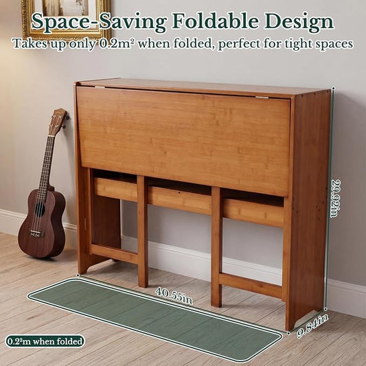 41'' Bamboo Folding Desk with Bookshelf, Space-Saving Computer Desk, Mid Century Modern Foldable Study Table for Home Office, Bedroom, Small Spaces - Brown