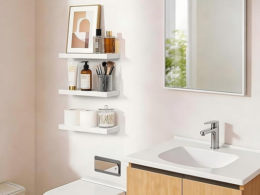 BAYKA White Floating Shelves for Wall, Set of 3, Rustic Wood Wall Shelves with Metal Brackets for Bathroom, Bedroom, Kitchen, or Living Room Decor Organization, Sturdy Storage with 22lb Capacity