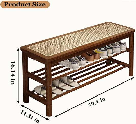 SOBIBO Bamboo Shoe Rack Bench with Rattan Seat, 3-Tier Shoe Storage Bench, Entryway Bench for Hallway,Walnut 39.4 inches