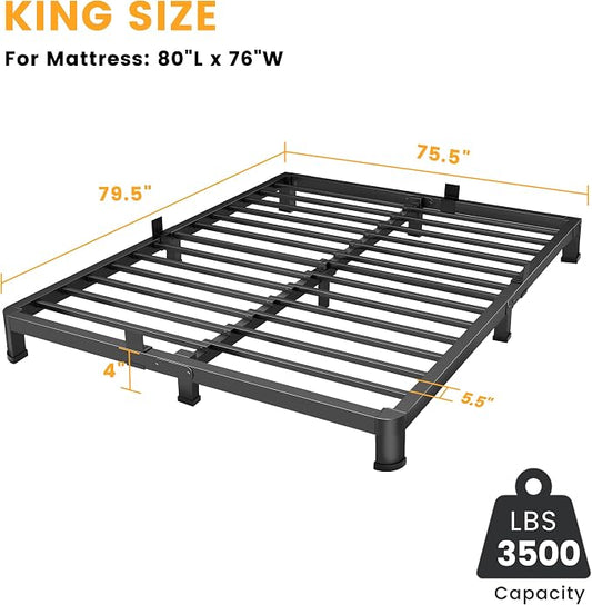 Superay 4 Inch King Bed Frame Low Profile, Heavy Duty Metal Platform Bed Frame with Round Corner Legs, Sturdy Mattress Foundation, No Box Spring Needed, Easy Assembly, Noise Free, Black
