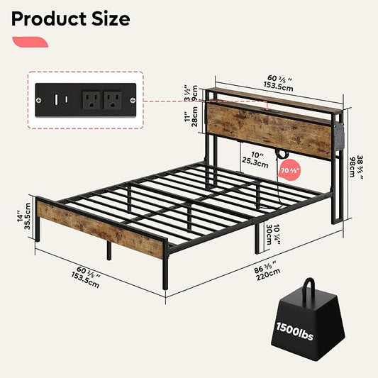 Bestier Queen Size Bed Frame with Headboard, Dual LED Platform Bed Frame with Charging Station, Non-Slip Metal Bed Frame, Noise-Free, Easy Assembly