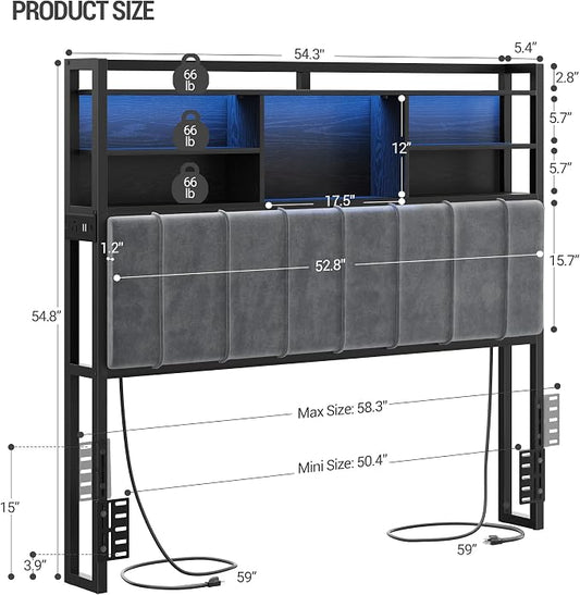 Hzuaneri Headboard with 3-Tier Storage Shelves, Velvet Upholstered Head Board with 2 Outlets, USB Ports & LED Light, Soft Backrest for Full Size Bed, Black BH13804B