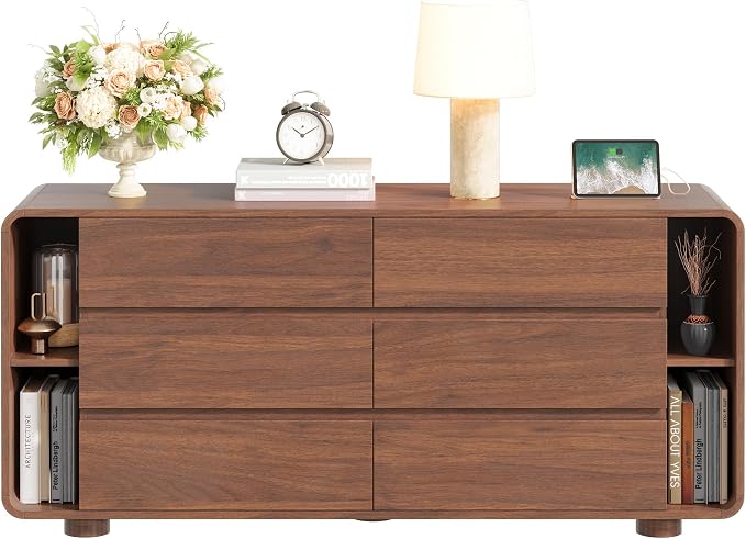 Whalefall 63 Inch 6 Drawer Dresser with Shelves, Rounded Corner, Walnut | Large Chest of Drawers for Bedroom, Mid Century Modern, Wood Closet Storage Organizer, Wide TV Stand for Living Room
