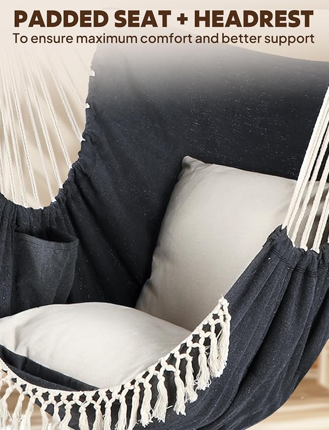 Chihee Hammock Chair Hanging Swing 2 Pillows Included,Strong Webbing Straps and Hooks for Easy Hanging Soft Cotton Hanging Chair Side Pocket Tassel Chair Comfort Indoor Outdoor Dark Grey