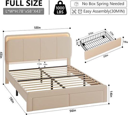 Feonase Full Upholstered Bed Frame with Headboard and 2 Storage Drawers, Built-in Charging Station, Velvet Platform LED Bed with Solid Wood Slat Support, No Box Spring Needed, Beige