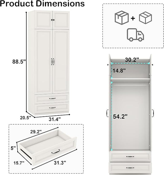 Armoire Wardrobe Closet with Doors: 89" Extra Tall White Wardrobe with Storage on Top, Bedroom Armoires with 2 Doors and 2 Drawers, Large Wood Closet Armoire for Hanging Clothes