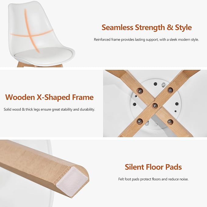 VECELO Dining Chairs Set of 4, Mid-Century Modern Kitchen & Dining Room Chairs, PU Leather Upholstered Seat, Solid Wood Legs, Armless, Non-Slip Feet, White