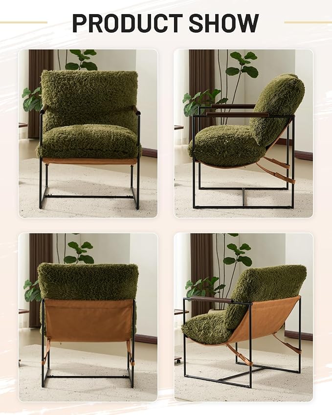 Karl home Modern Metal Frame Accent Chair, Green | Plush Fleece Upholstered, Wood Padded Armrest, 28" Seat Width, Comfy Lounge Armchair for Living Room, Bedroom, Apartment