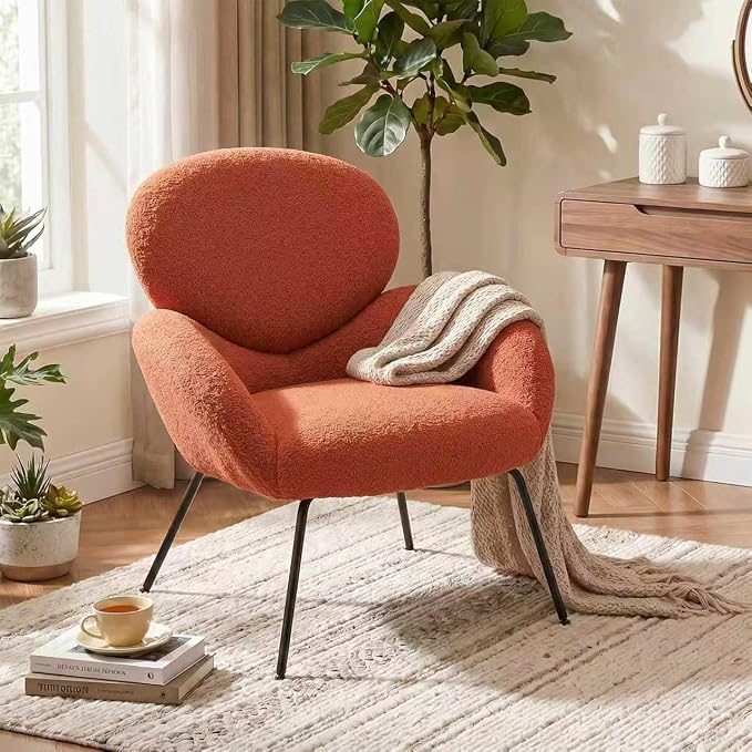 Small Accent Chair Set of 2,Sherpa Chair with love Back, Boucle Chairs with Metal Legs, Comfy Modern Reading Chairs / Sherpa Accent Chair with Thick High-Elastic Sponge / cream style room (Orange)