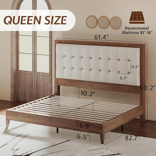 Jocisland Solid Wood Queen Size Bed Frame 50.2" Tall Upholstered Headboard, Mid-Century Style, Stable Platform Support, No Box Spring Needed, Walnut