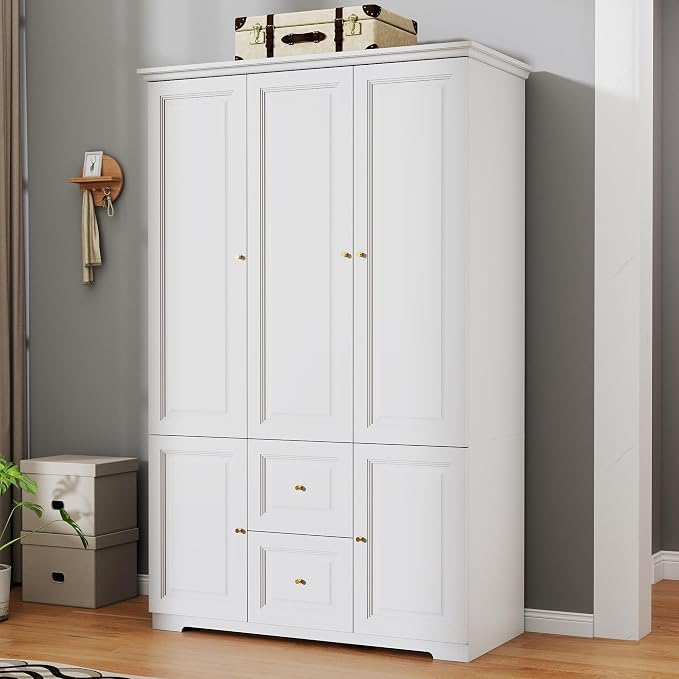 Armoire Wardrobe Closet with Drawers: 74" White Wardrobe with 2 Drawers, 3 Doors Bedroom Armoires with Hanging Rod, Tall Closet Cabinet for Hanging Clothes (47")