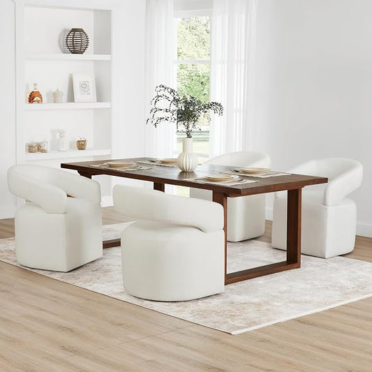 KISLOT Upholstered Dining Chairs Set of 1, Modern Rolling Dining Chairs with Hidden Casters, Arm Kitchen Chairs with Linen Look Fabric, Padded Barrel Chairs for Dining Room, Kitchen, Bedroom, Ivory